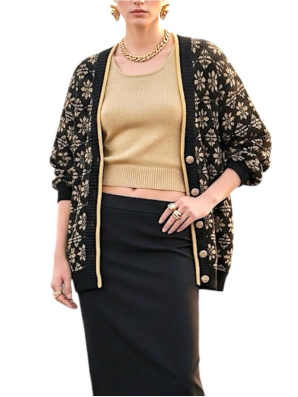 VTG 80s 90s black gold bold snowflake power shoulder maximalist cardigan M